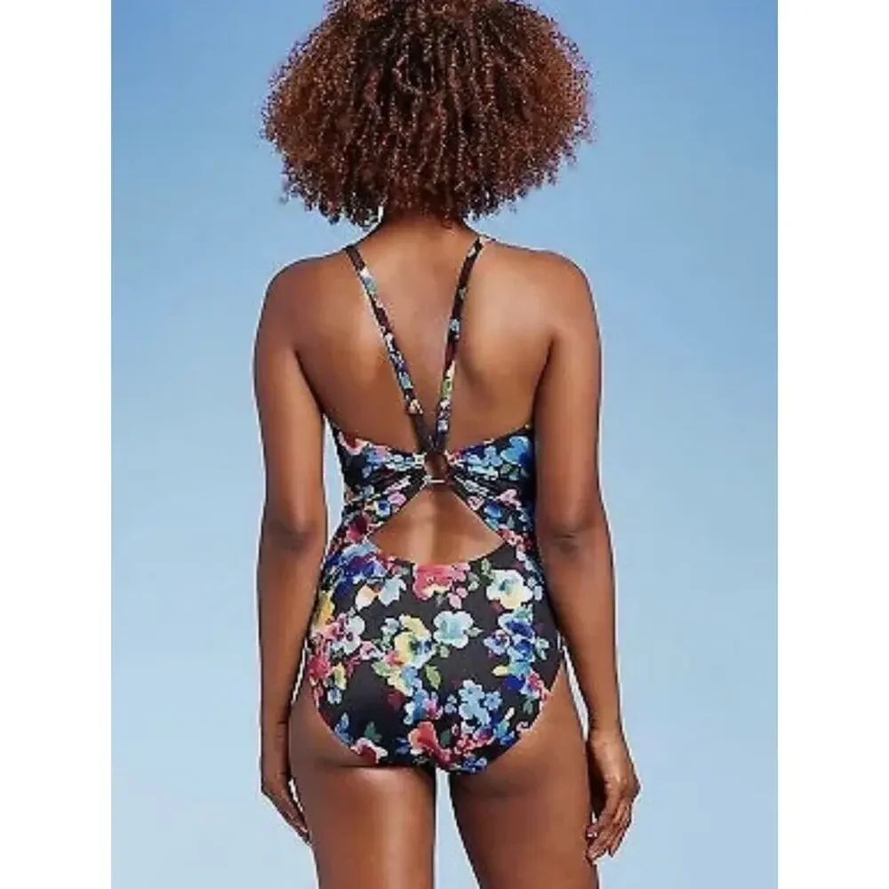 Aqua Green Black Floral One Piece S NWT